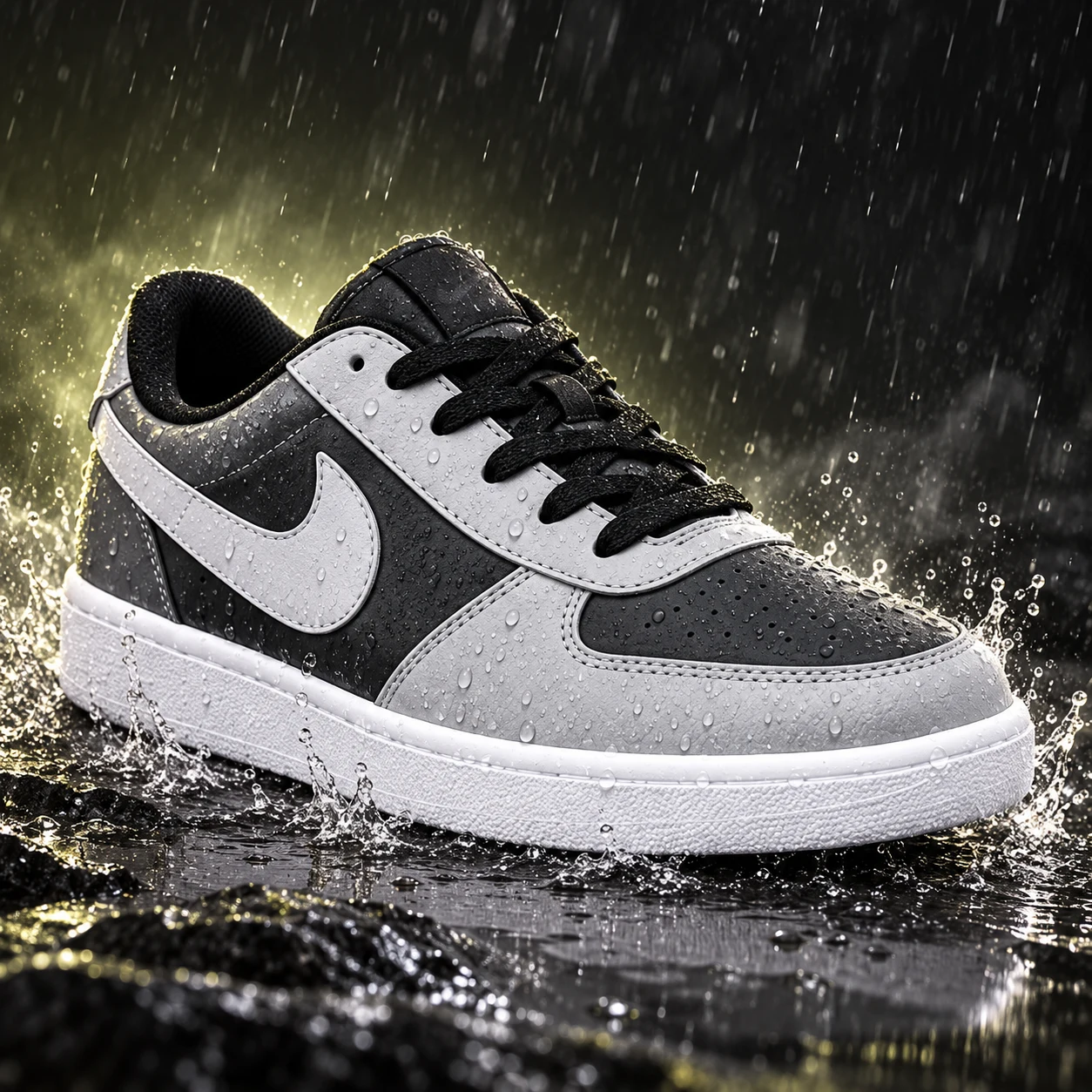 Mağazanın gri-siyah sneakerı; yağmur damlaları, su sıçraması ve ıslak zemin yansımasıyla hazırlanmış kampanya görseli